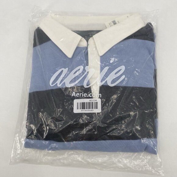 Aerie Size M Blue and Gray Striped Rugby Cropped Polo Shirt Long Sleeve - Picture 3 of 12